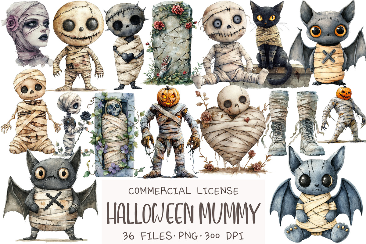 Watercolor Halloween Mummy Clipart, an Illustration by OK Design (Photo 1 of 5)