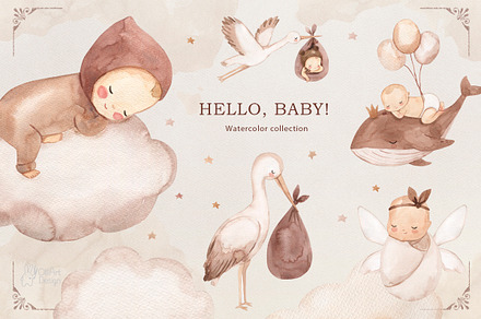 HELLO, BABY! Newborn watercolor clip, a Person Illustration by OlliArtDesign