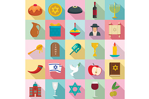 Happy hanukkah icon set, flat style, an Object Illustration by Ylivdesign
