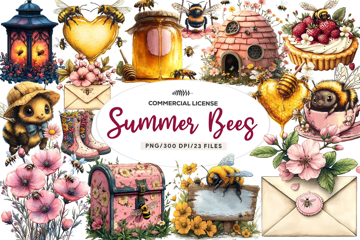 Pink Summer Bees Garden Clipart, an Illustration by CreationArt (Photo 1 of 9)