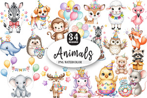 Birthday Baby Animal Clipart, Party, an Illustration by Watercolor design