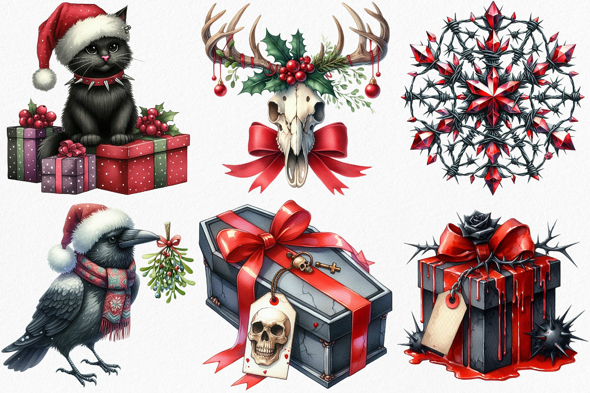 Watercolor Goth Christmas Clipart, an Illustration by Canvas Craft (Photo 2 of 8)