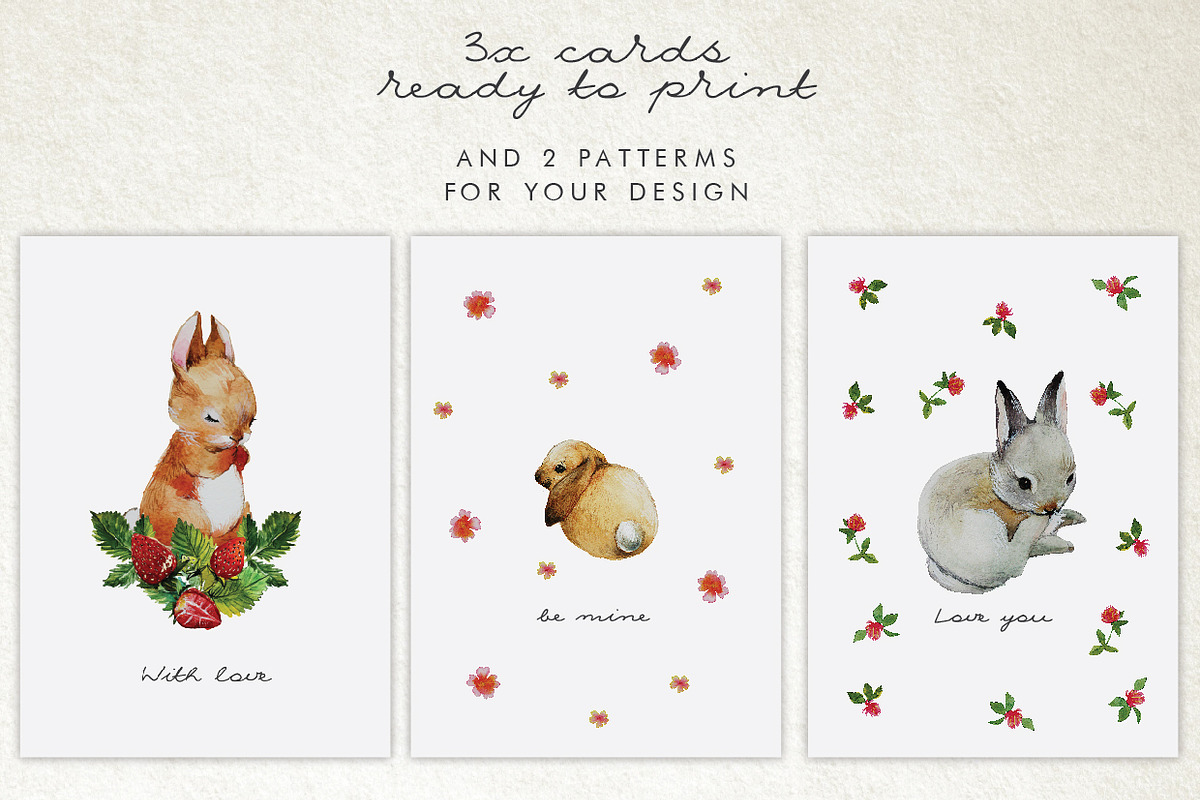 Bunnies + strawberry watercolor, an Animal Illustration by olia.medvedeva.art (Photo 3 of 3)