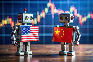 Toy robots with US and China flags for tech race
