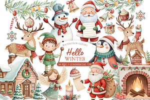 Hello Winter Watercolor Clipart, an Illustration by MockupWizard