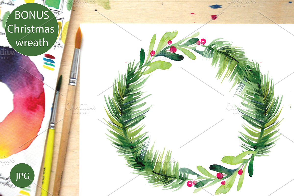 Watercolor Christmas set, wreath, a Decorative Illustration by Olesya Morokhovets (Photo 4 of 4)
