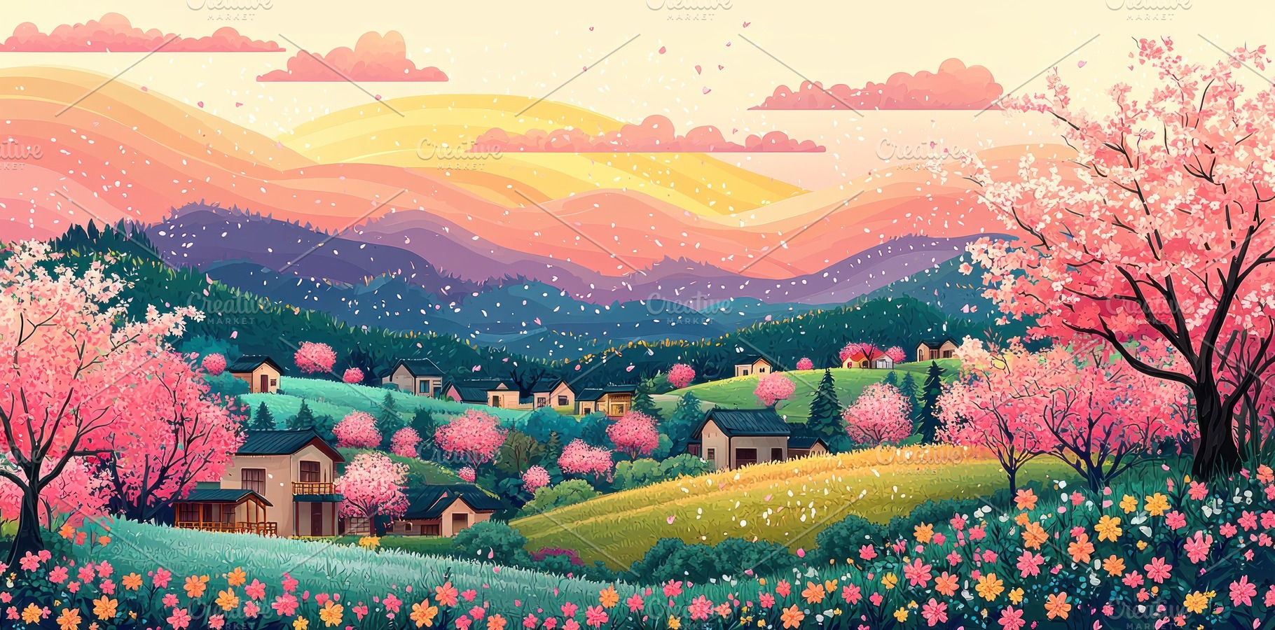 Pink cherry blossom trees in a tranquil valley with traditional, a Holiday Photo by José Manuel Gelpi