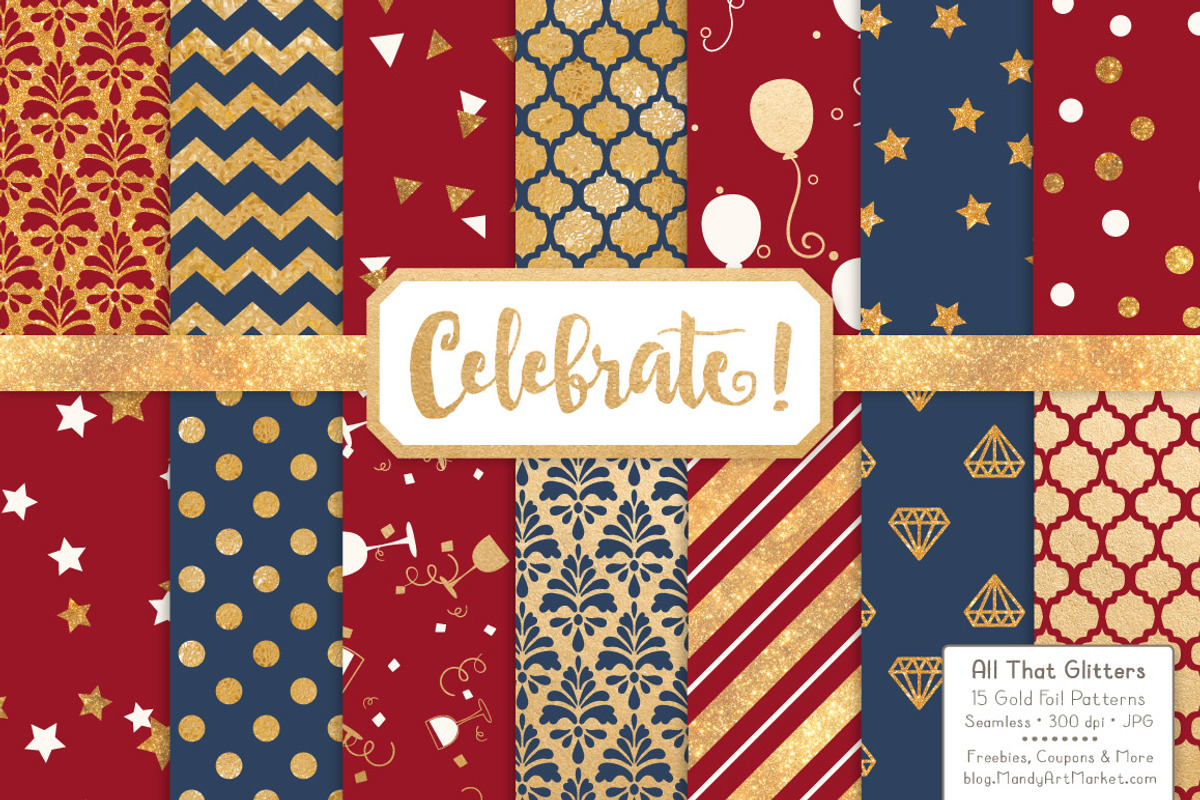 Americana Gold Foil Digital Papers, a Pattern Graphic by Amanda Ilkov (Photo 1 of 4)