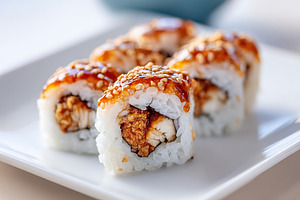 Sushi rolls garnished with sesame seeds served on a white plate in a modern din, a Food & Drink Photo by AlyaAnd
