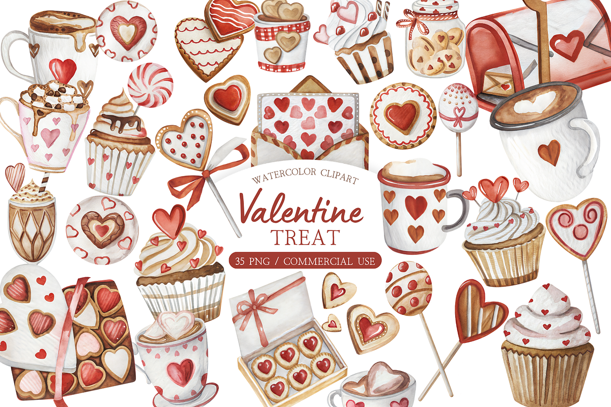 Watercolor Valentine Sweets Clipart, an Illustration by MockupWizard (Photo 1 of 5)