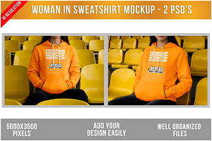 Woman in Sweatshirt Sitting PSD, a Hoody Mockup by Bruno's Shop