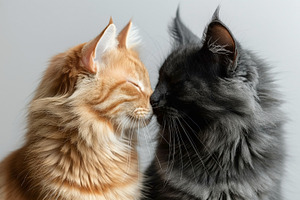 Two adorable cats, one orange and fluffy, the other black and fluffy, gently to, an Animal Photo by ImageMir
