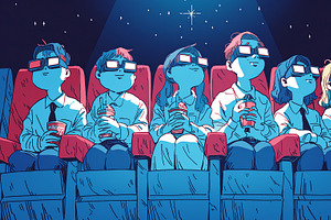 Group of people enjoying 3D movie experience in a cinema theater, an Illustration by AS photostudio