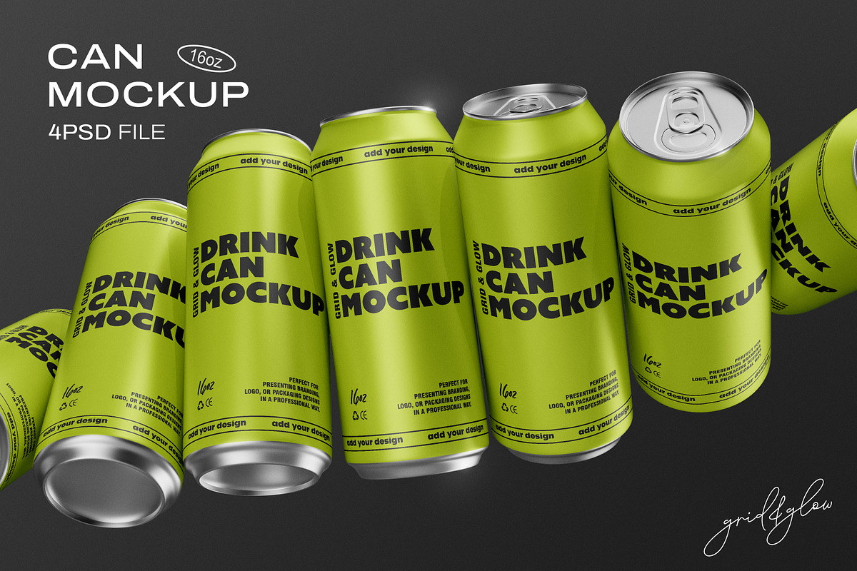 4PSD Drink Can Mockup - 16oz / 473ml, a Packaging Mockup by Grid&Glow (Photo 1 of 8)