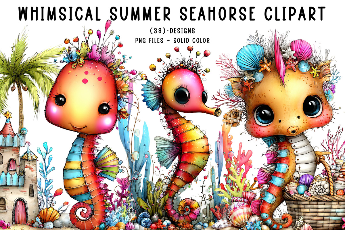 Whimsical Summer Seahorse Clipart, an Illustration by CreationArt (Photo 1 of 7)