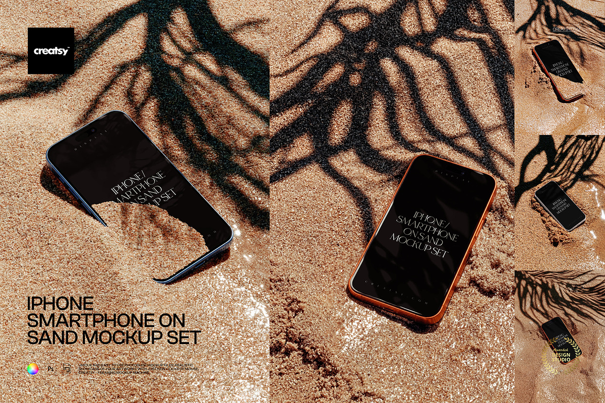 iPhone Smartphone on Sand Mockup Set, an iPhone Mockup by creatsy5 (Photo 1 of 8)