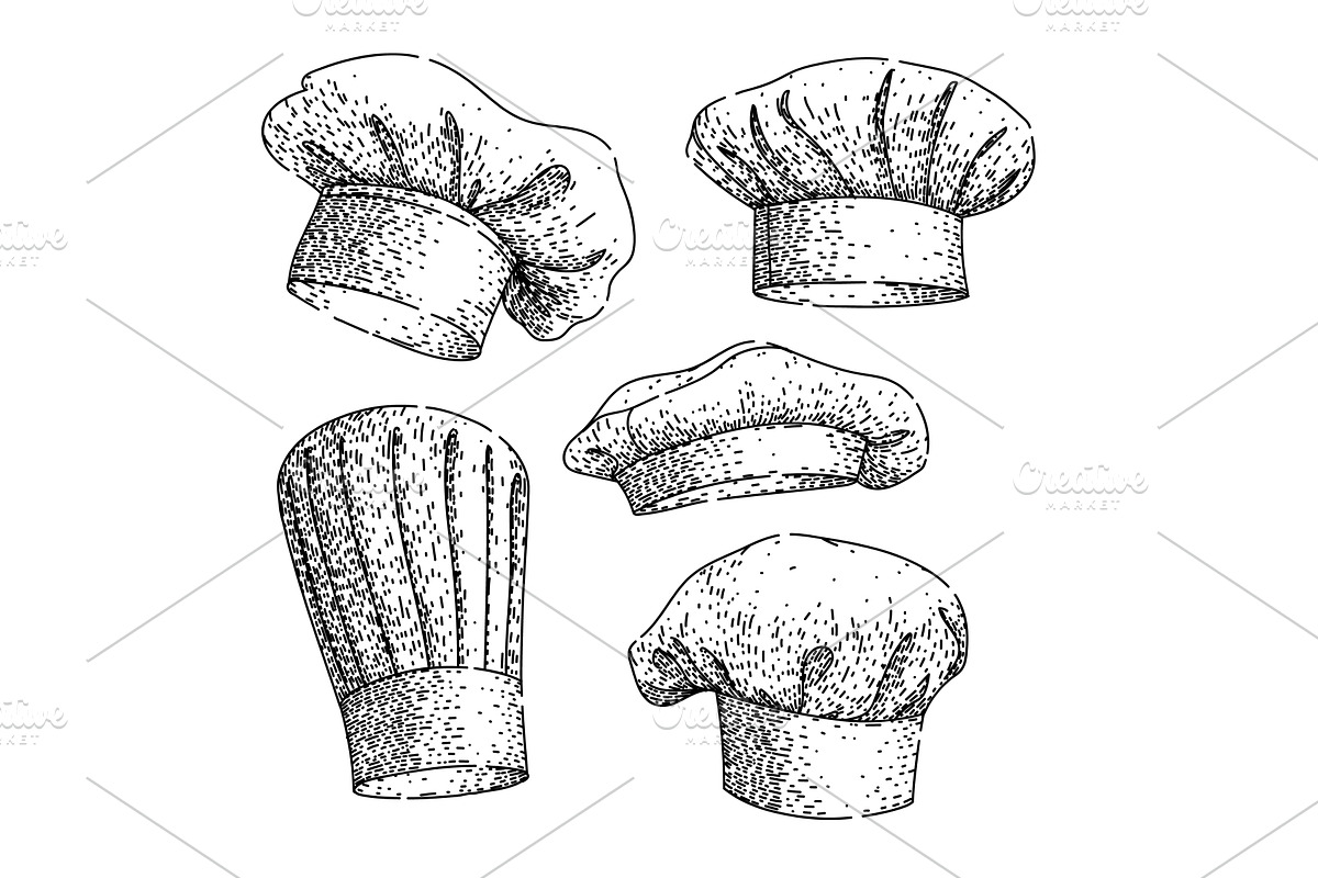 chef hat set sketch hand drawn, an Object Illustration by pikepicture