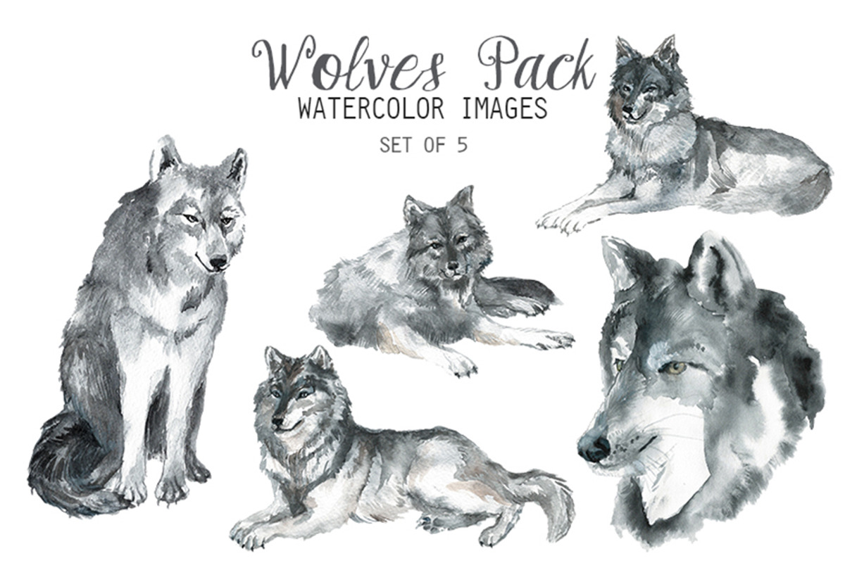 Watercolor Wolves Pack Clipart, an Animal Illustration by YesFoxy