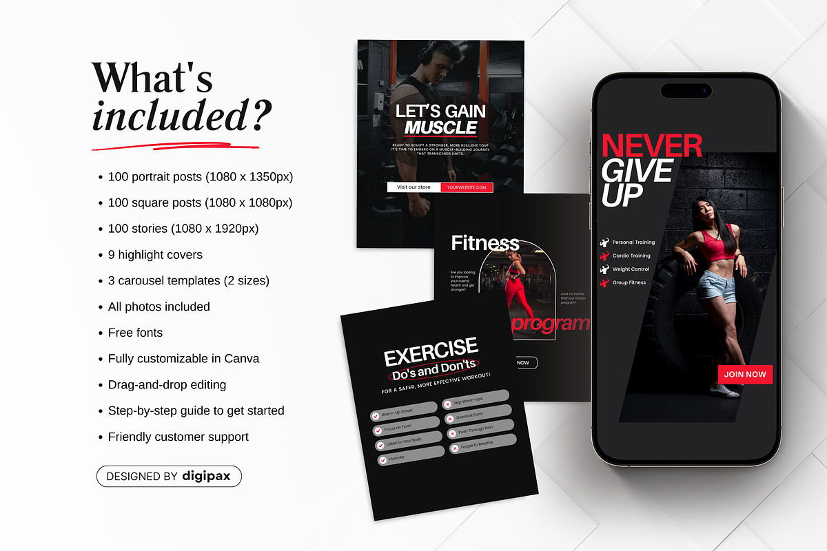 Fitness Instagram Templates Bundle, a Social Media Template by DigiPax (Photo 2 of 12)