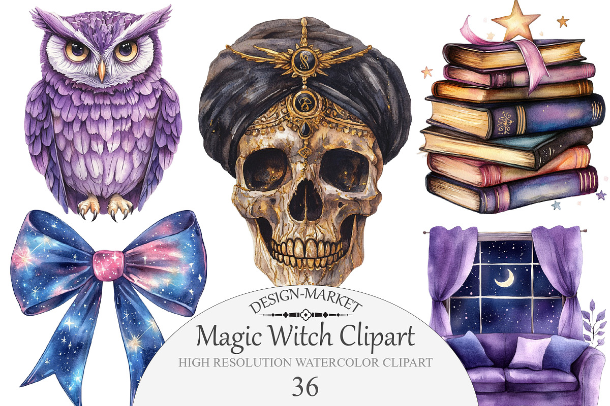 Watercolor Magic Witch Clipart, an Illustration by Design Market (Photo 1 of 4)