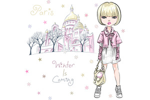 Vector Fashion Girl In Winter Clothes In Paris