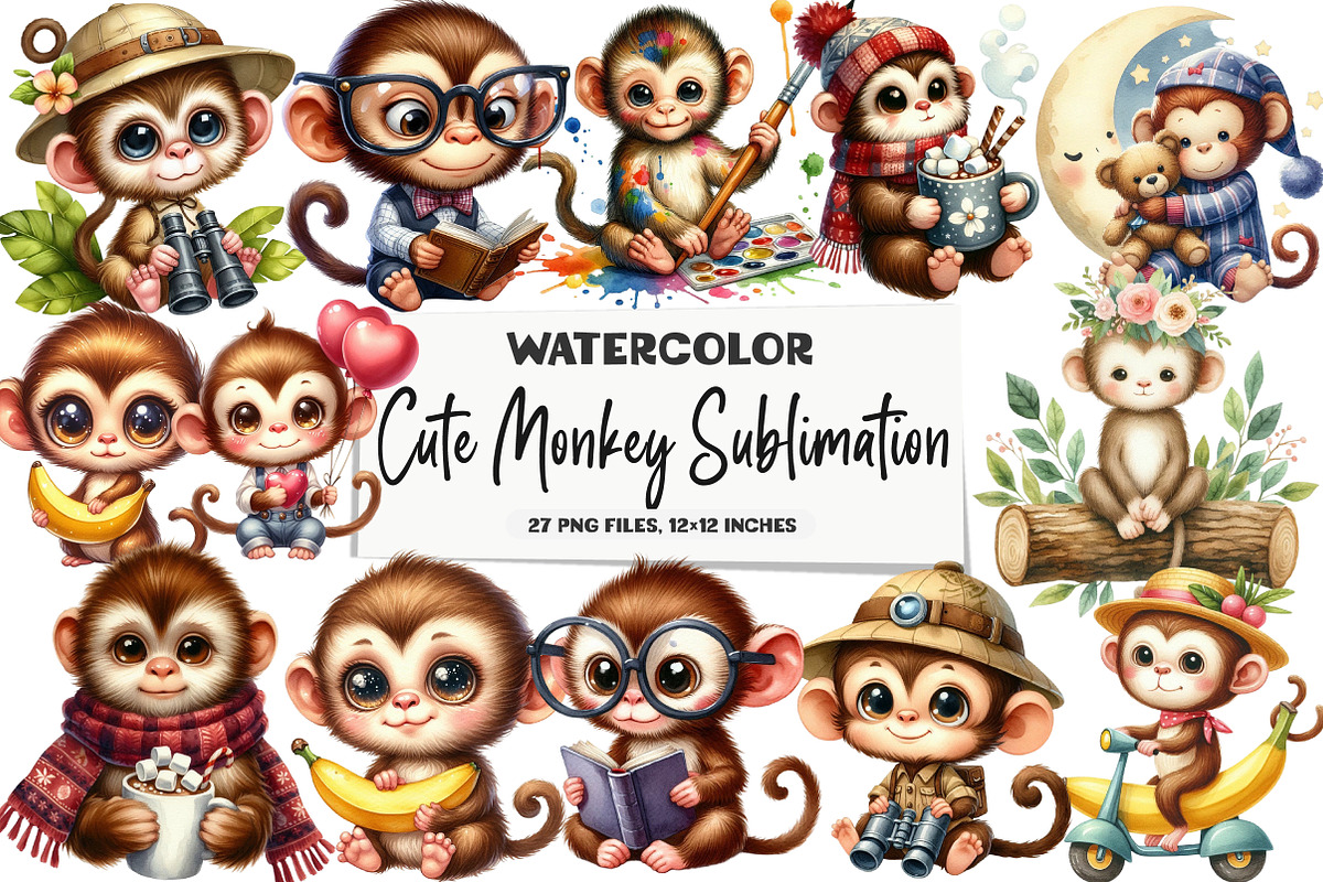 Cute Monkey Sublimation Clipart, an Illustration by DreamArtGraphic (Photo 1 of 5)