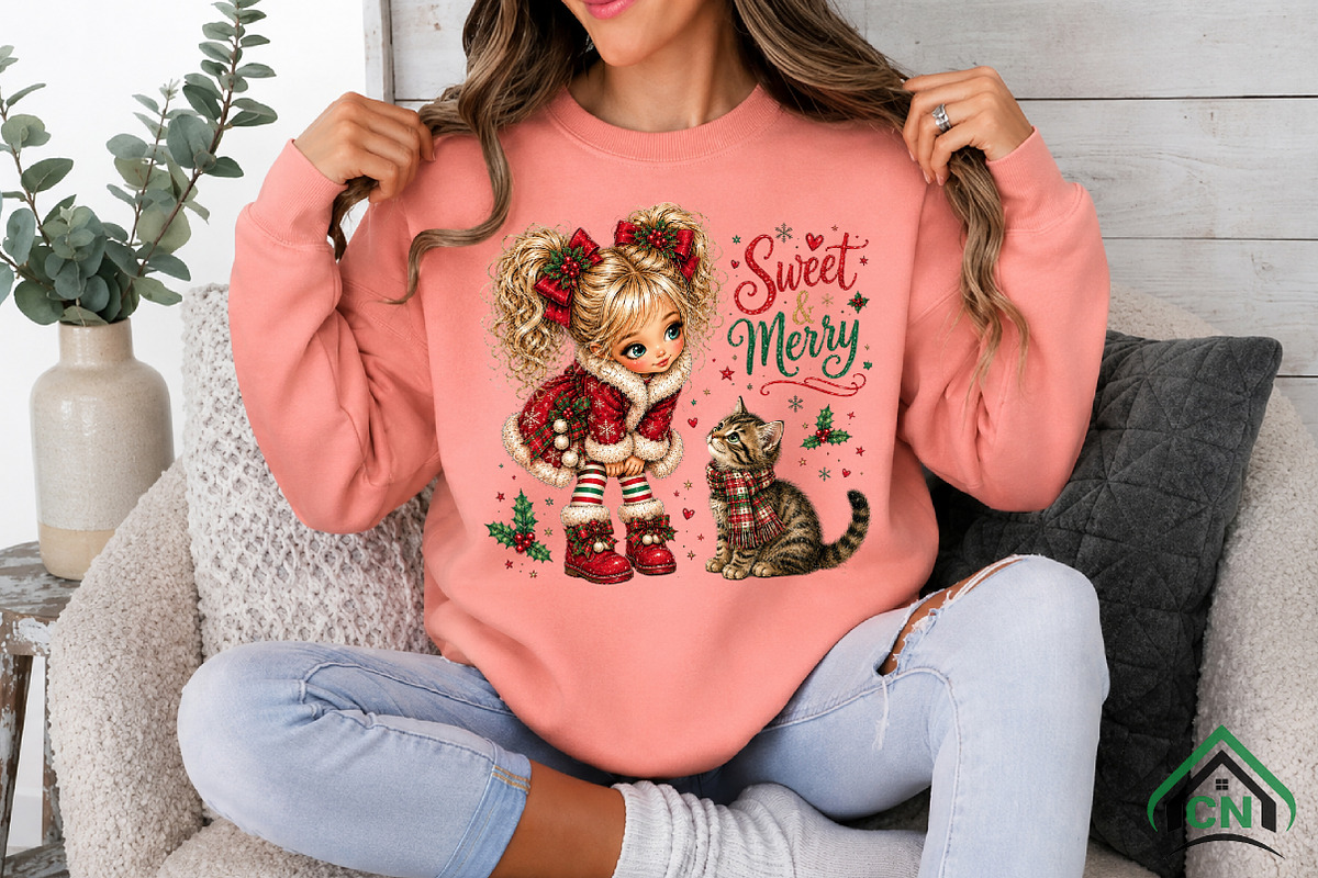 Christmas Girl & Cat Clipart PNG, a Seasonal Illustration by Craft Nest (Photo 2 of 6)