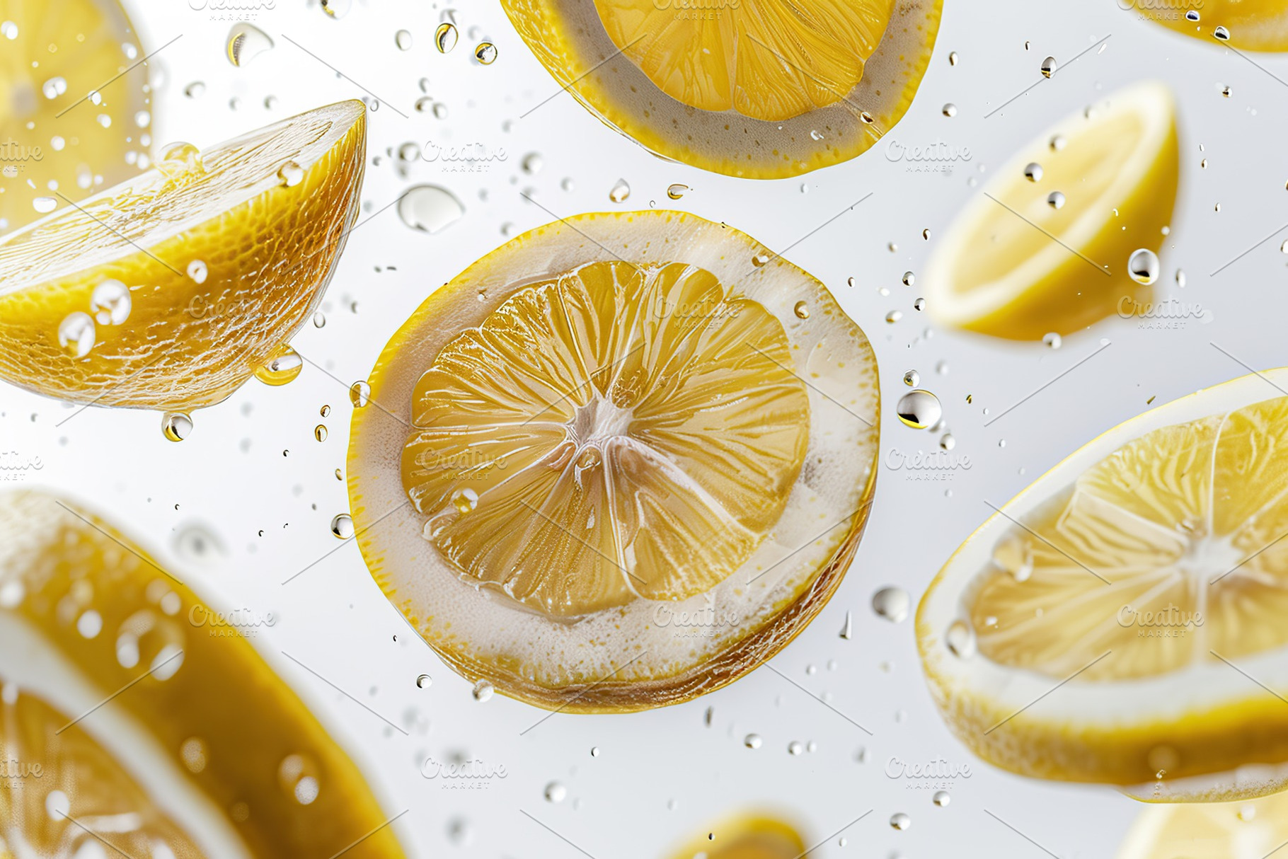 Ripe lemon slices flying in the air on white background, a Food & Drink Photo by AlyaAnd
