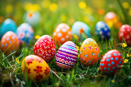 Colorful easter eggs on green grass, a Holiday Photo by AlyaAnd