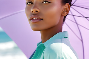 Young African woman enjoying a beach day with a mint shirt and a purple umbrell, a Person Photo by AlyaAnd