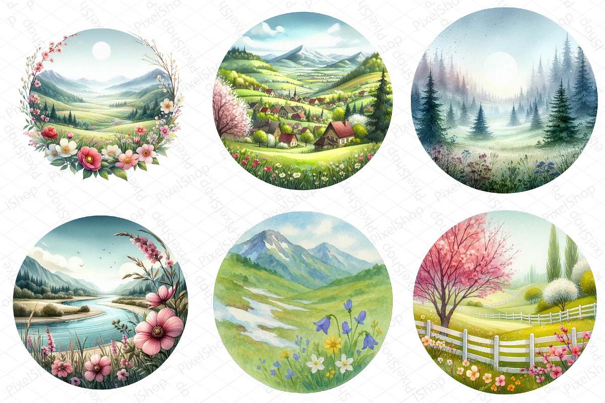 Watercolor Spring Landscapes Round C, an Illustration by DreamPrint404 (Photo 6 of 6)