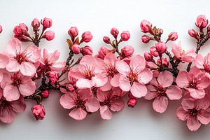 Pink cherry blossoms in full bloom on dark branches against a wh, a Nature Photo by José Manuel Gelpi
