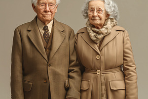 Elderly couple standing together, exuding warmth and love with soft smiles and, a Person Photo by ImageMir