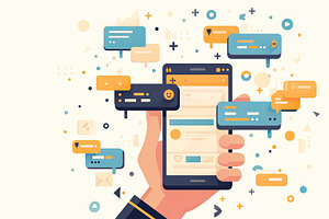 Hand holding smartphone with colorful social media and chat icons illustrations, an Illustration by AS photostudio