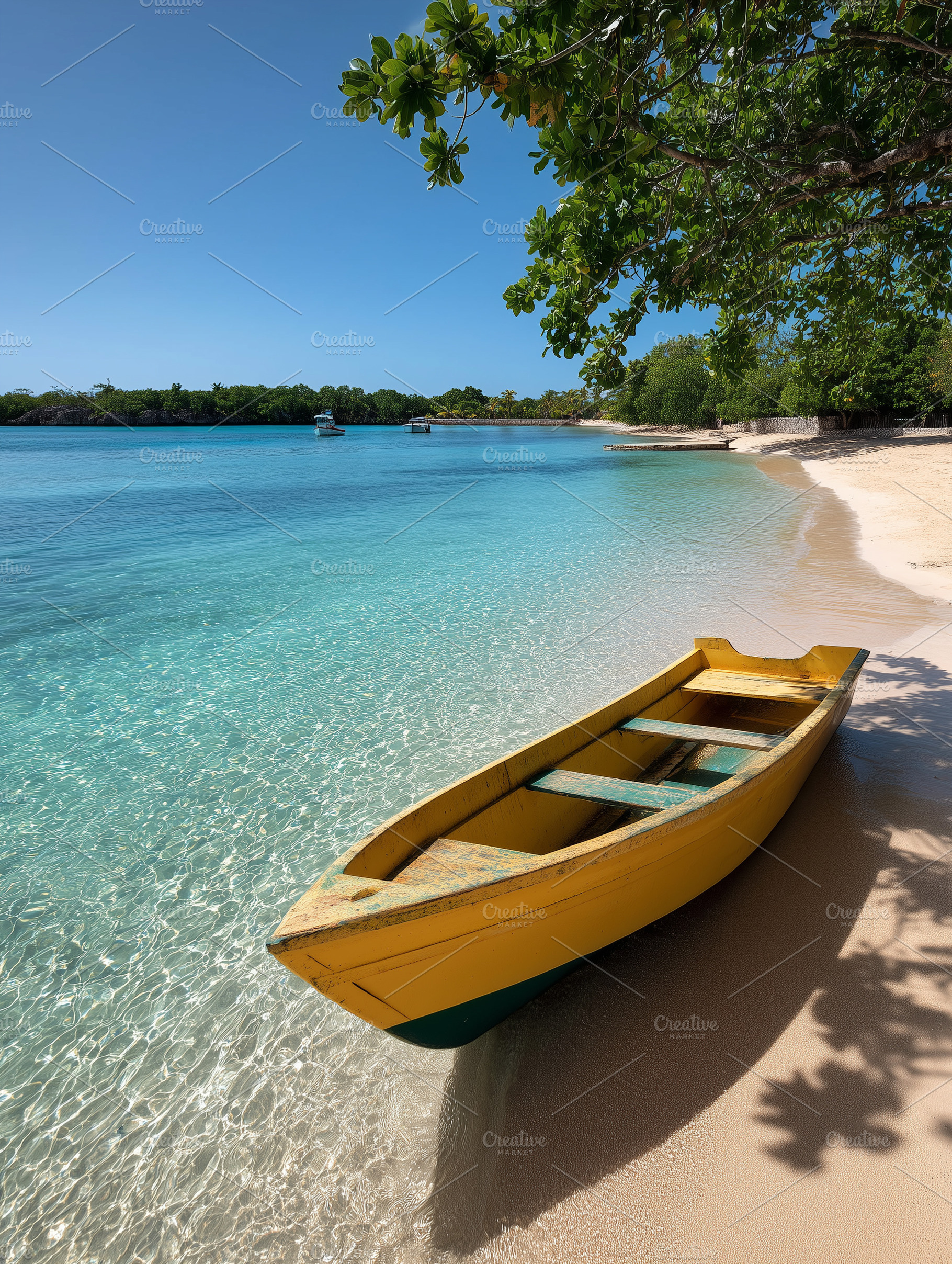 Yellow wooden boat resting on beach, a Nature Photo by MistyDay