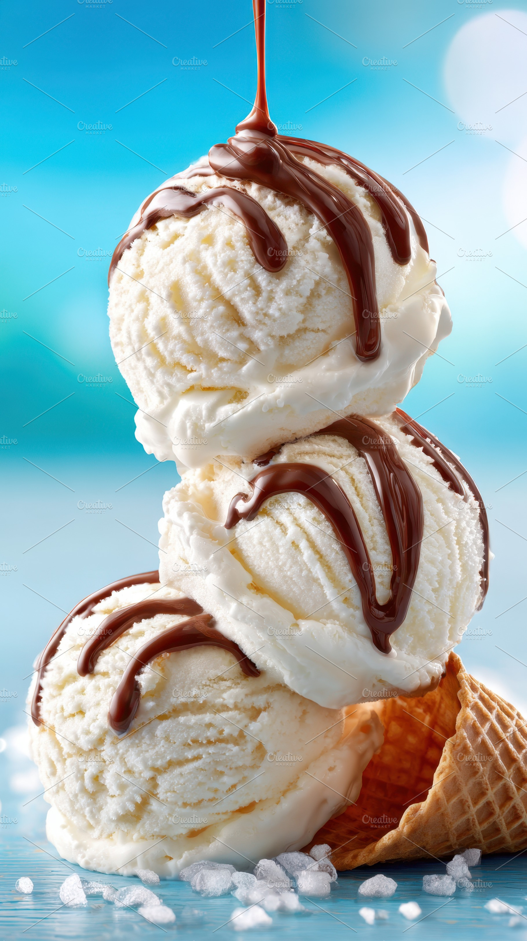 Stacked ice cream scoops with chocolate drizzle, a Food & Drink Photo by AlyaAnd