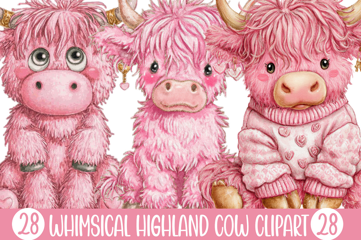 Whimsical Highland Cow Clipart, an Illustration by Designking (Photo 1 of 5)