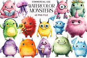 Cute Monsters Watercolor Clipart, an Illustration by Daily.Designs (Thumbnail 1 of 4)
