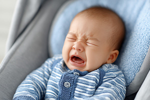 Crying baby sitting in a car seat, a Person Photo by MistyDay