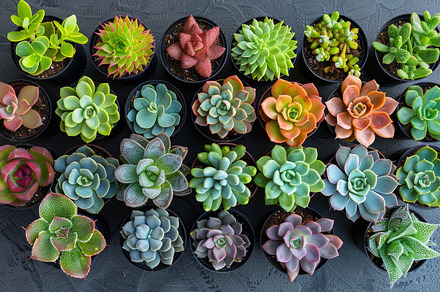 Top view of vibrant succulents arranged in a neat pattern, a Photo by AS photostudio