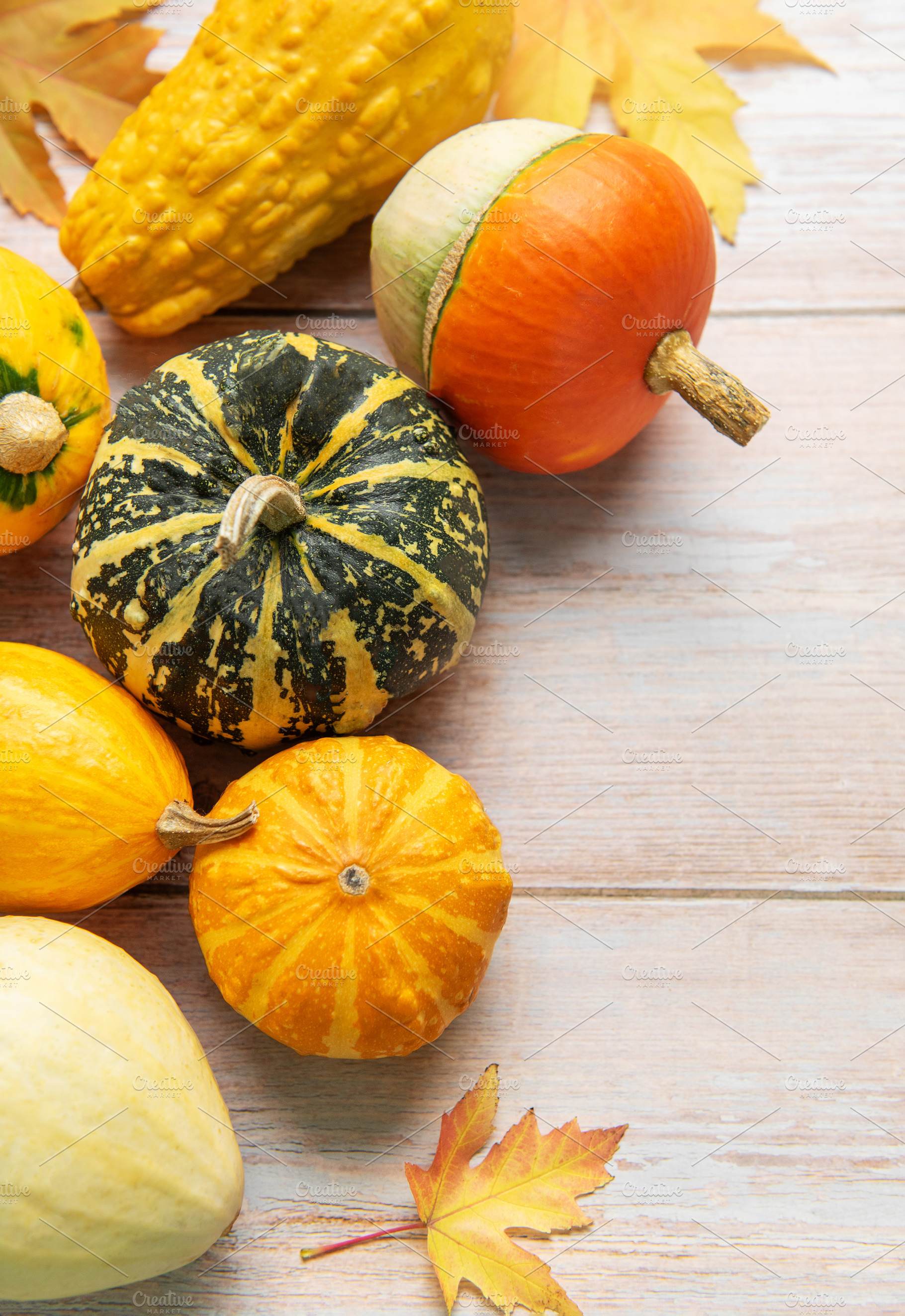 Autumn pumpkins and gourds on wooden background with leaves, a Food & Drink Photo by Olena Rudo