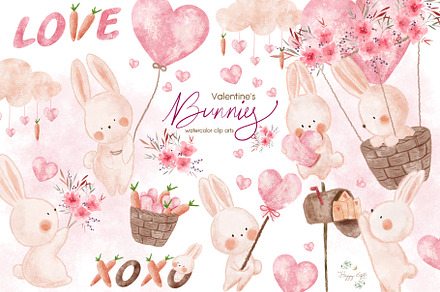 Cute Bunnies Valentine's Day Clipart, an Animal Illustration by TheHappyGiftArt