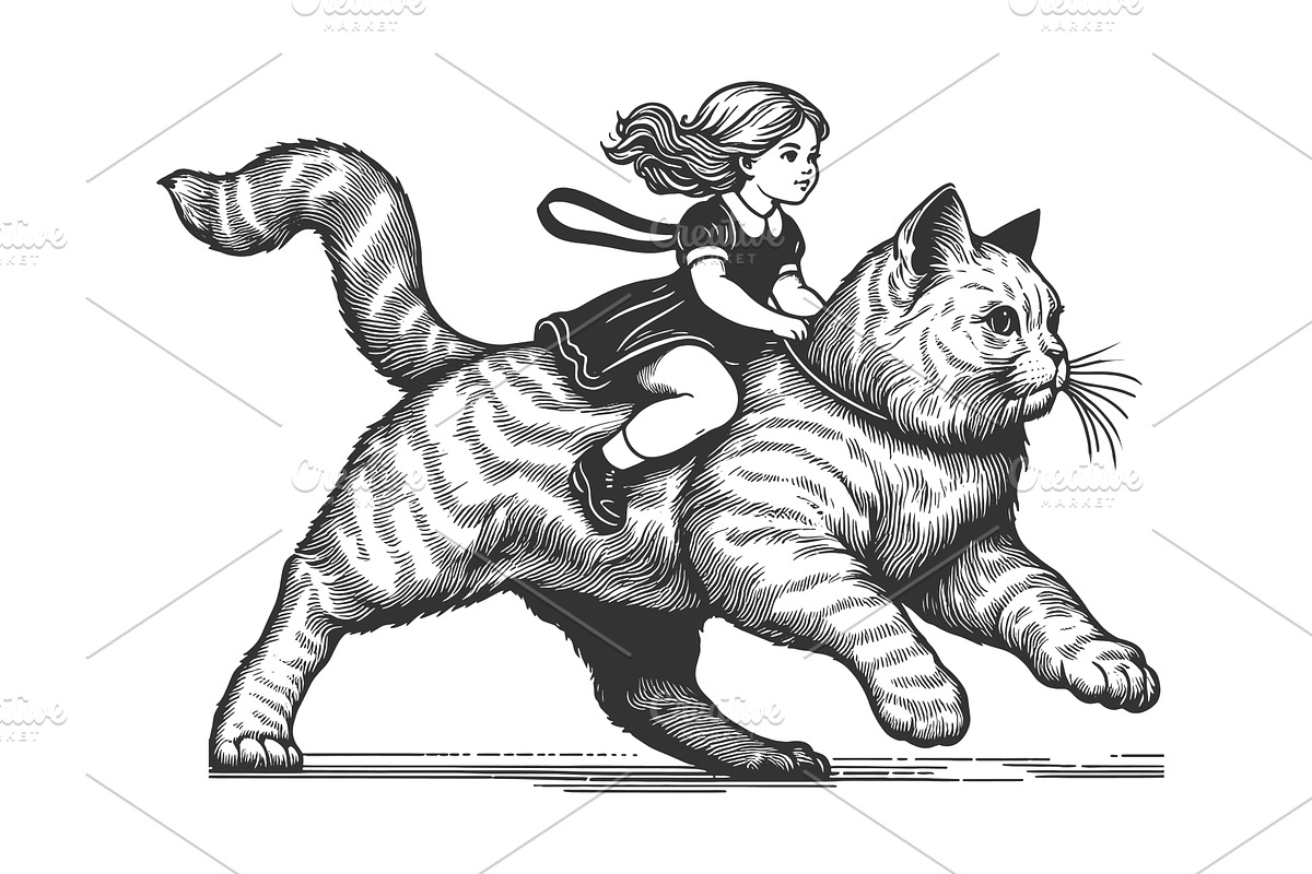 Young Girl Riding a Giant Cat, a Person Illustration by AlexArt