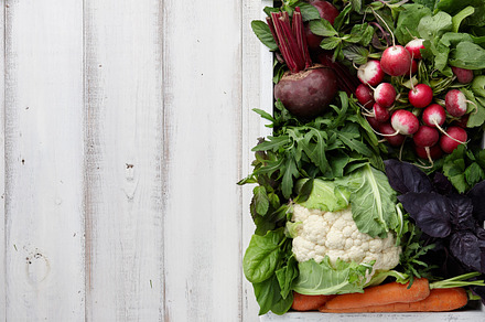 Fresh vegetables and herbs in wooden box stock photo containing vegetable and, a Food & Drink Photo by Foodie's Shop