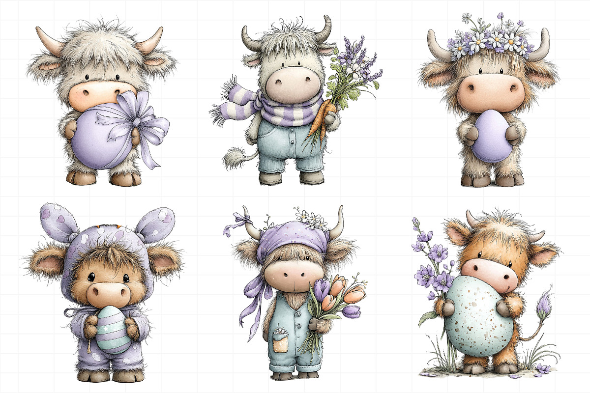 Whimsical Easter Highland Cow Clipar, an Illustration by Daily.Designs (Photo 3 of 8)