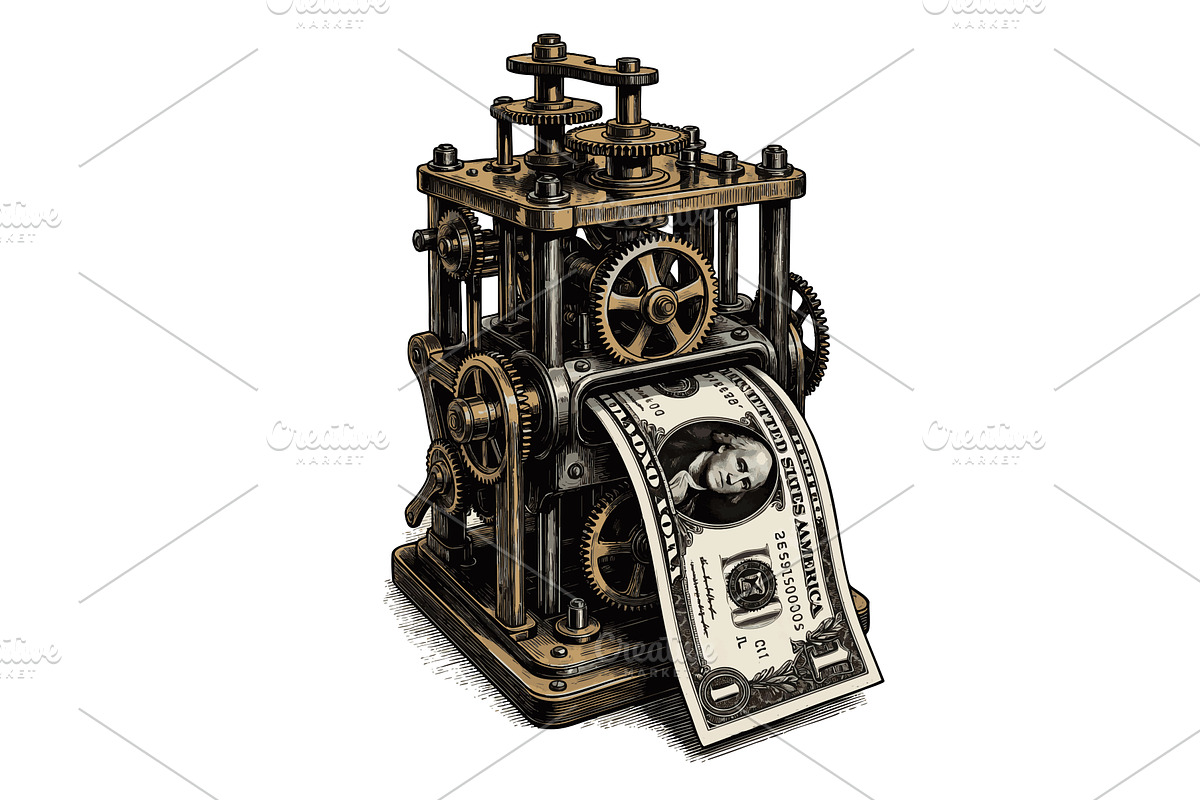 money printing machine with gears, a Finance Illustration by AlexArt