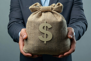 Businessman holding burlap bag with dollar symbol and banknotes on grey backgro, a Photo by AlyaAnd