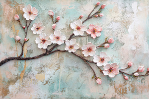 Delicate cherry blossom branch with, a Photo by Tanuart