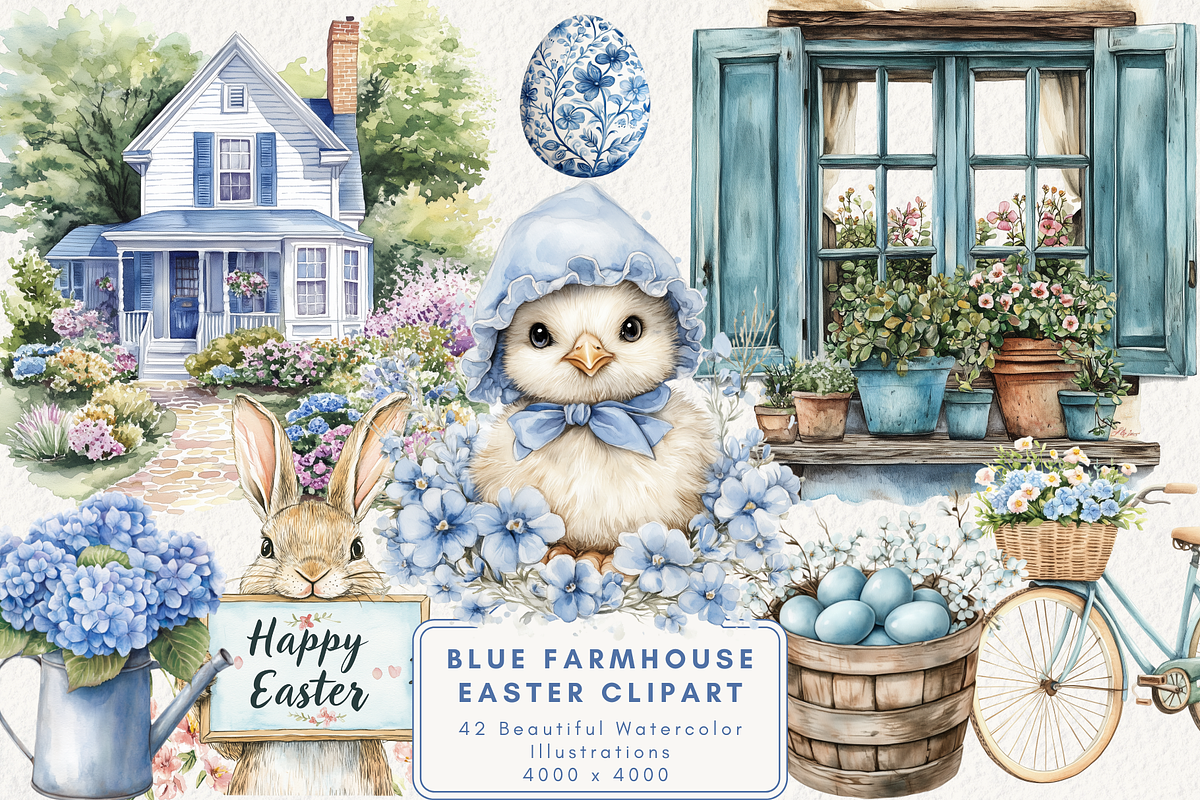 Blue Farmhouse Easter Clipart, an Illustration by NadiaTheronArt (Photo 1 of 4)