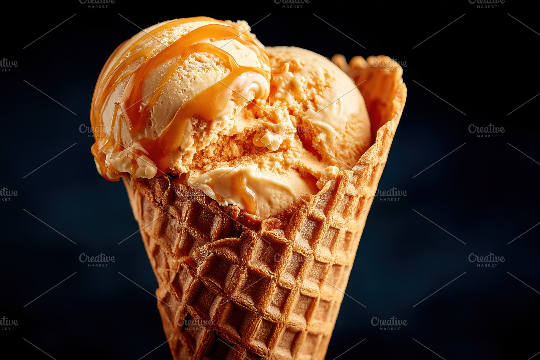 Caramel ice cream in waffle cone, a Food & Drink Photo by AlyaAnd
